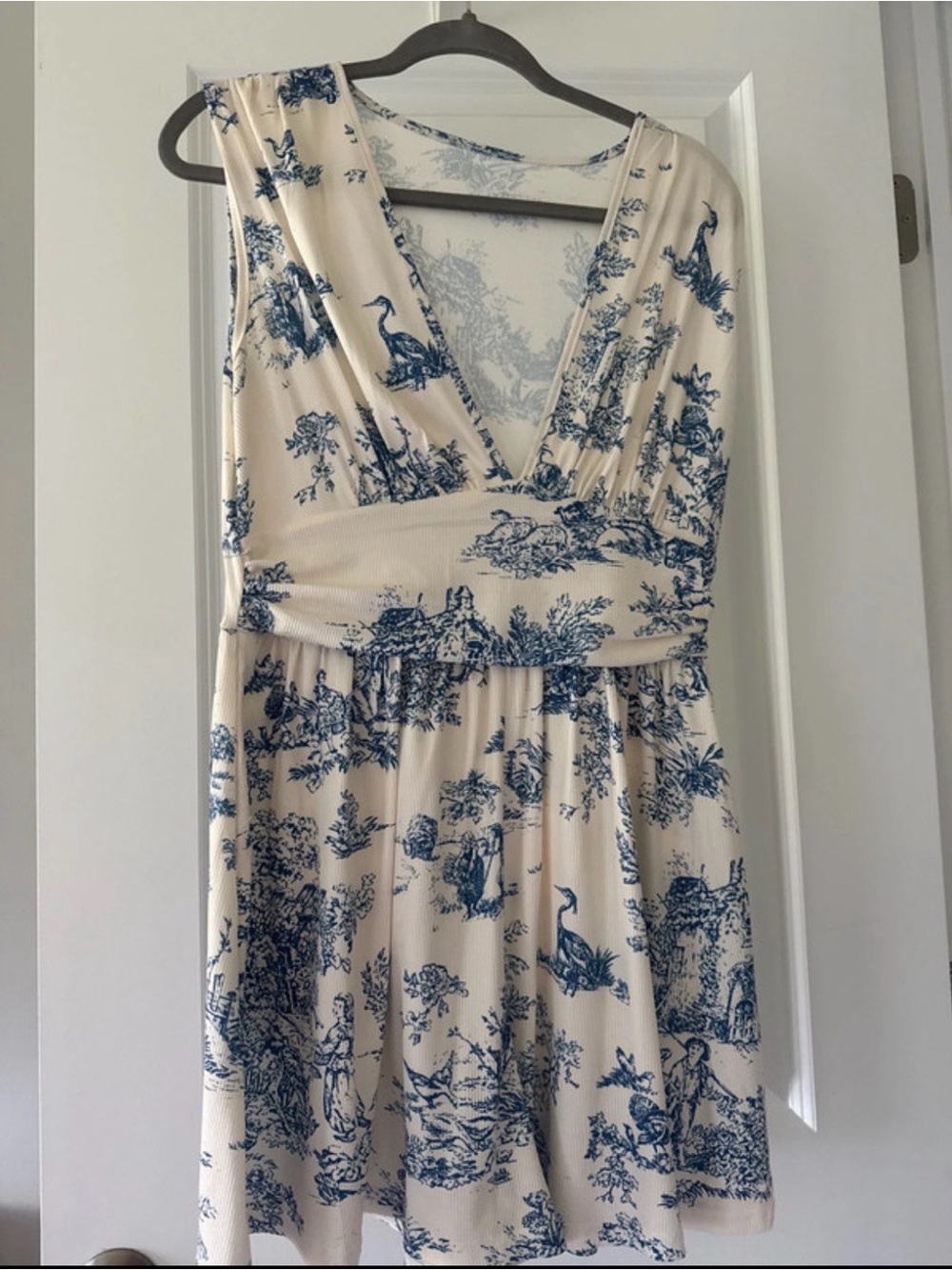 Sleeveless Cream Romper with Blue Toile Print